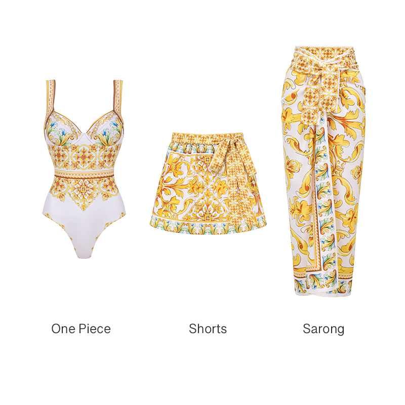 Sling Chest Support Golden Majolica Print One Piece Swimsuit and Sarong or Shorts
