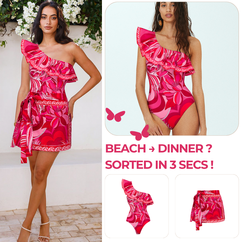 One Shoulder Ruffle Printed One Piece Swimsuit and  Sarong or Shorts