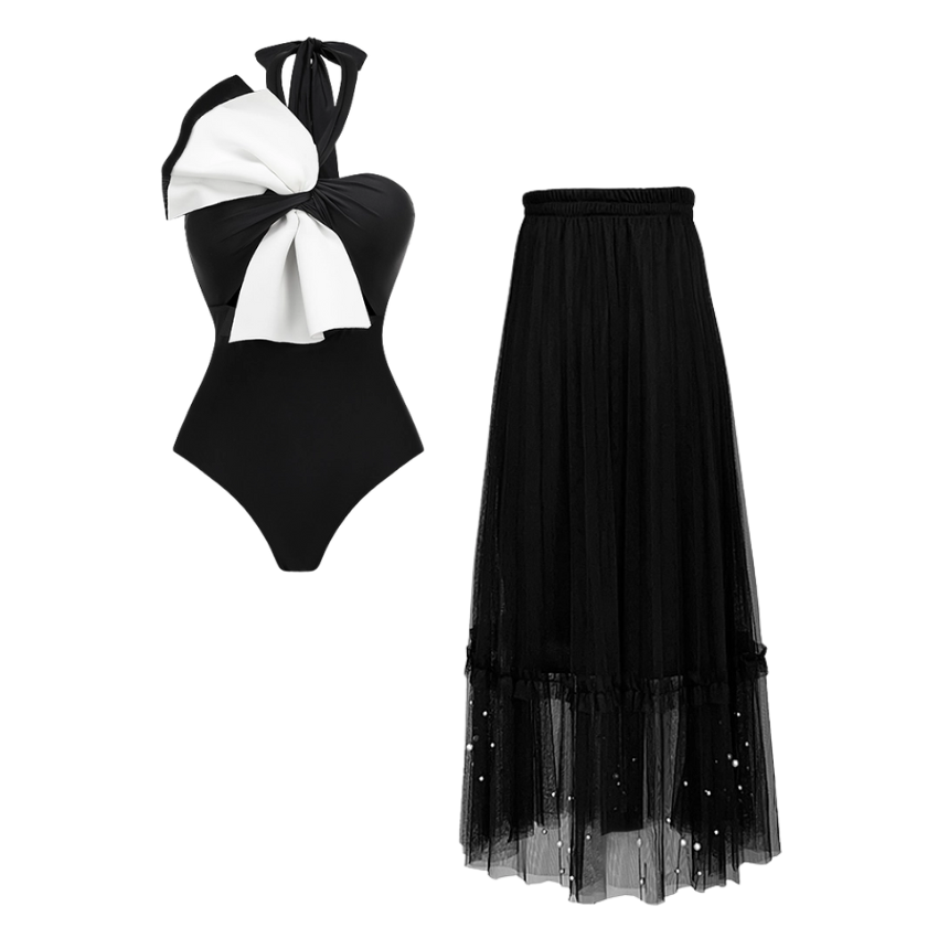 Halter Bow Color Block One Piece Swimsuit and Skirt Flaxmaker