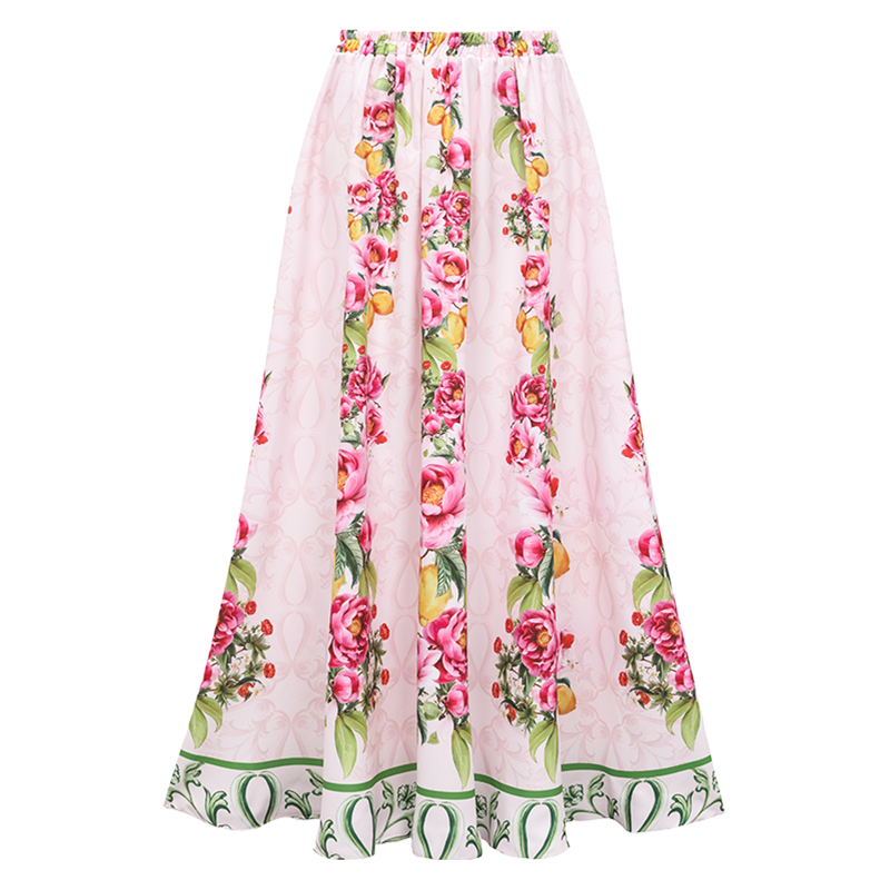 Long sleeves Bow-tie Lemon Floral Pattern Print One Piece Swimsuit and Skirt