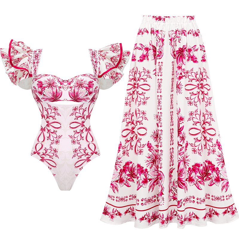 Ruffle Cut Out Lily and Majolica Series Pattern Print One Piece Swimsuit and Skirt or Pants