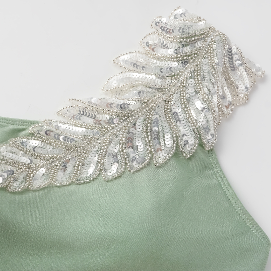 One Shoulder Sequin Leaf Embroidery One Piece Swimsuit and Sarong Flaxmaker