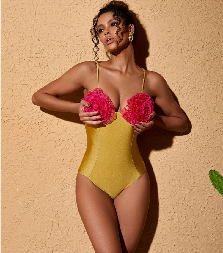 3D Flower Color Block One Piece Swimsuit and Skirt Flaxmaker