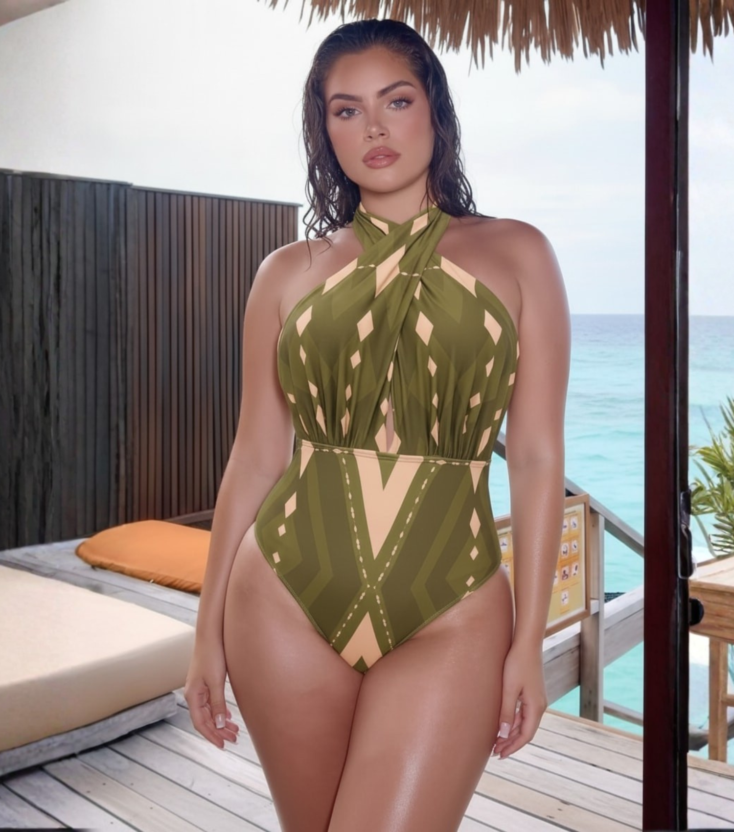 Plus Size Halter Neck Geometric Pattern Print One Piece Swimsuit and Pants
