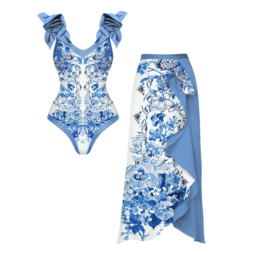 3D Flower Maiolica Print One Piece Swimsuit and Skirt Flaxmaker