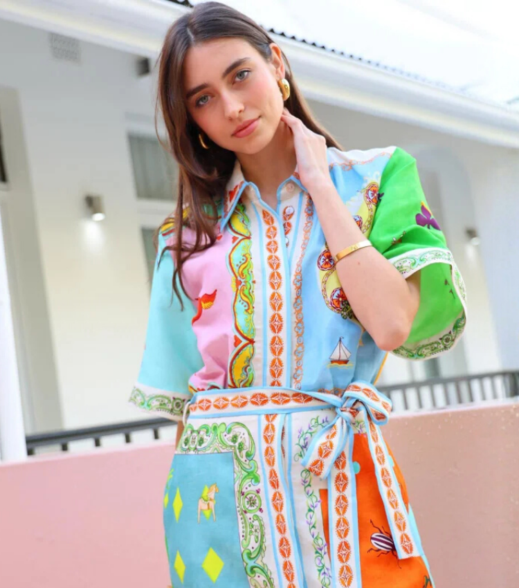 Short Sleeve Color Block Printed Mini Dress