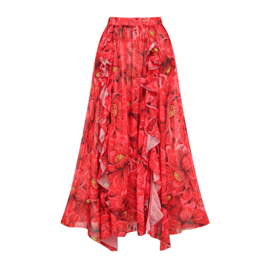 Blooming Red Flower Print Cut Out One Piece Swimsuit and Skirt