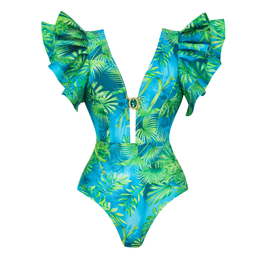 Ruffled Jungle Green Print One Piece  Swimsuit and Skirt