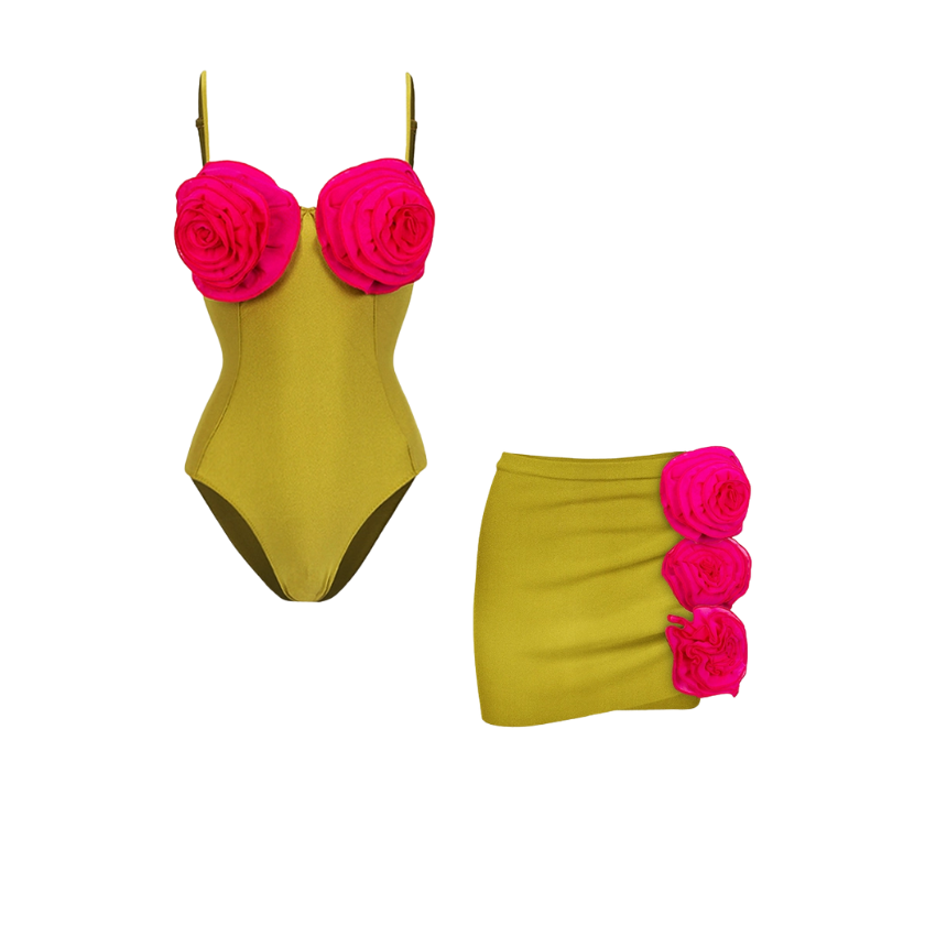 3D Flower Color Block One Piece Swimsuit and Skirt Flaxmaker