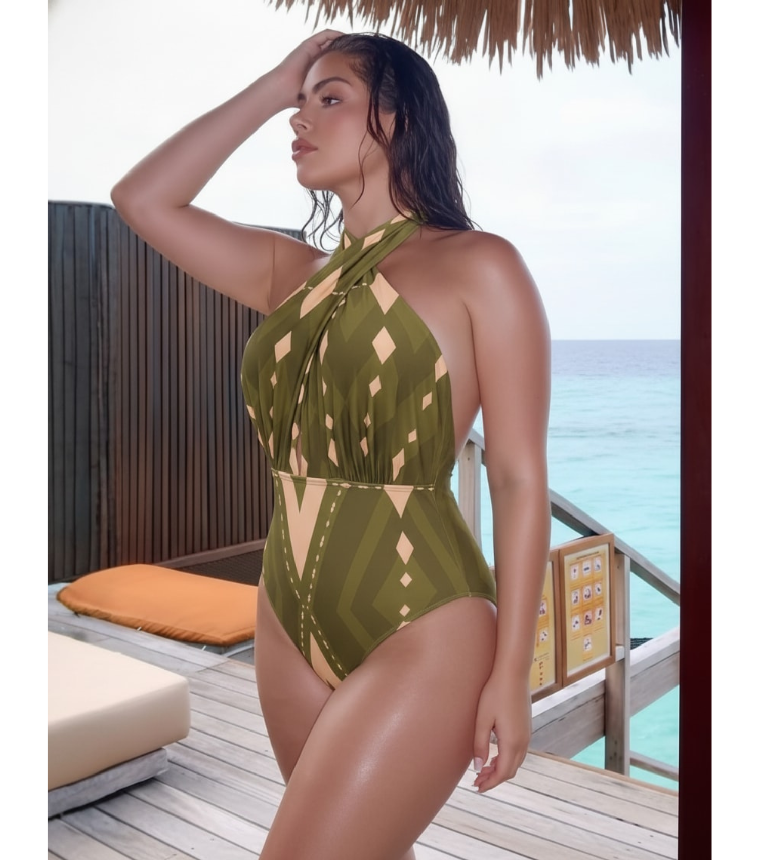 Plus Size Halter Neck Geometric Pattern Print One Piece Swimsuit and Pants