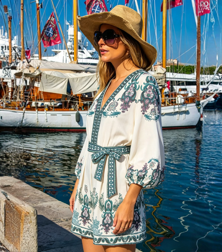 Cream Vintage Paisley Puff Sleeve V-Neck Romper