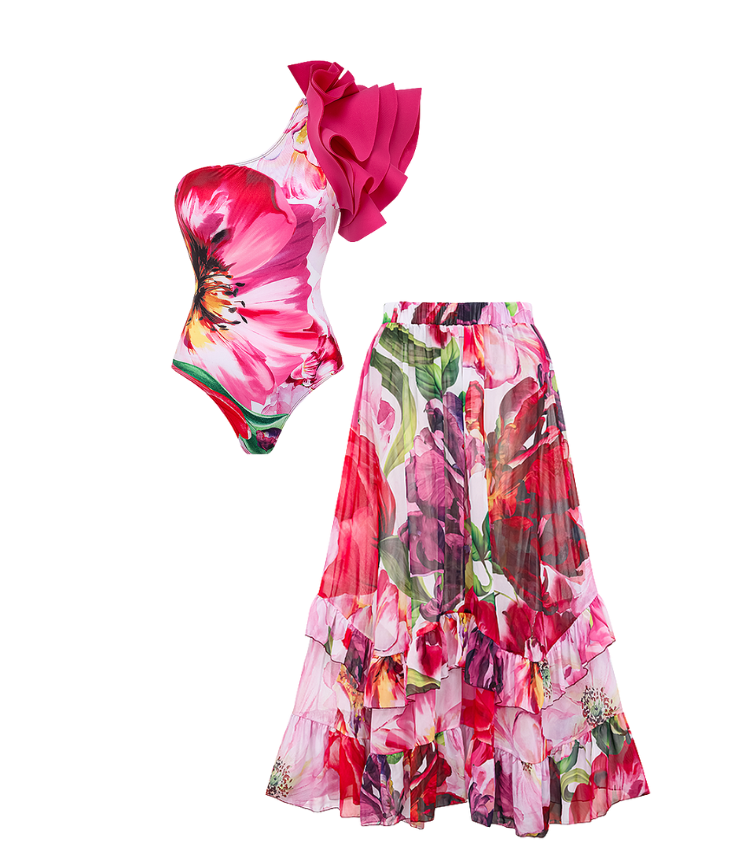 Ruffle One Shoulder Flower Printed One Piece Swimsuit and Skirt Flaxmaker
