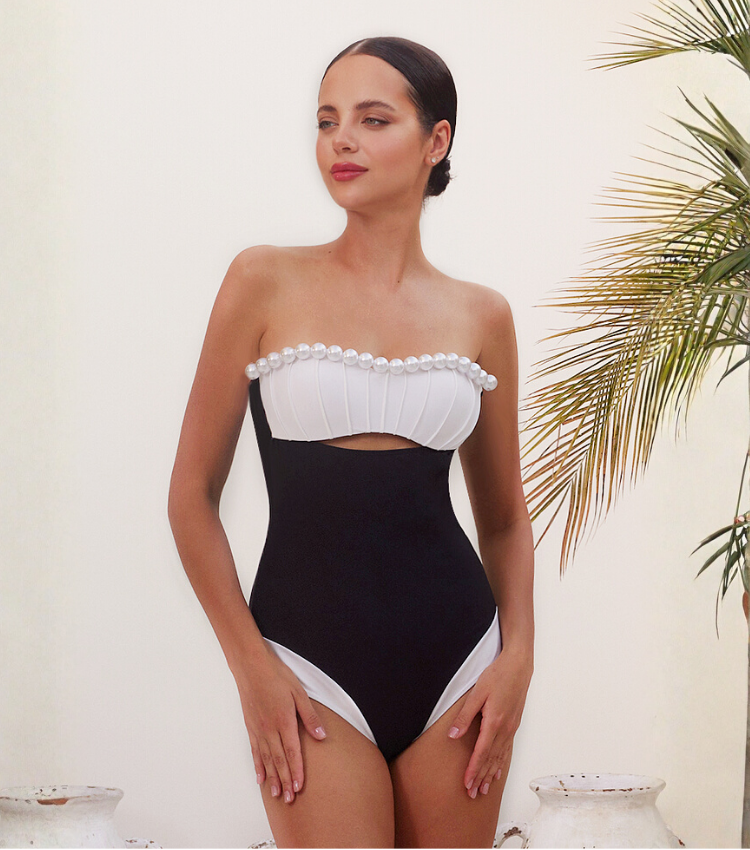 Off Shoulder Artificial Pearl Decor White One Piece Swimsuit and Skirt