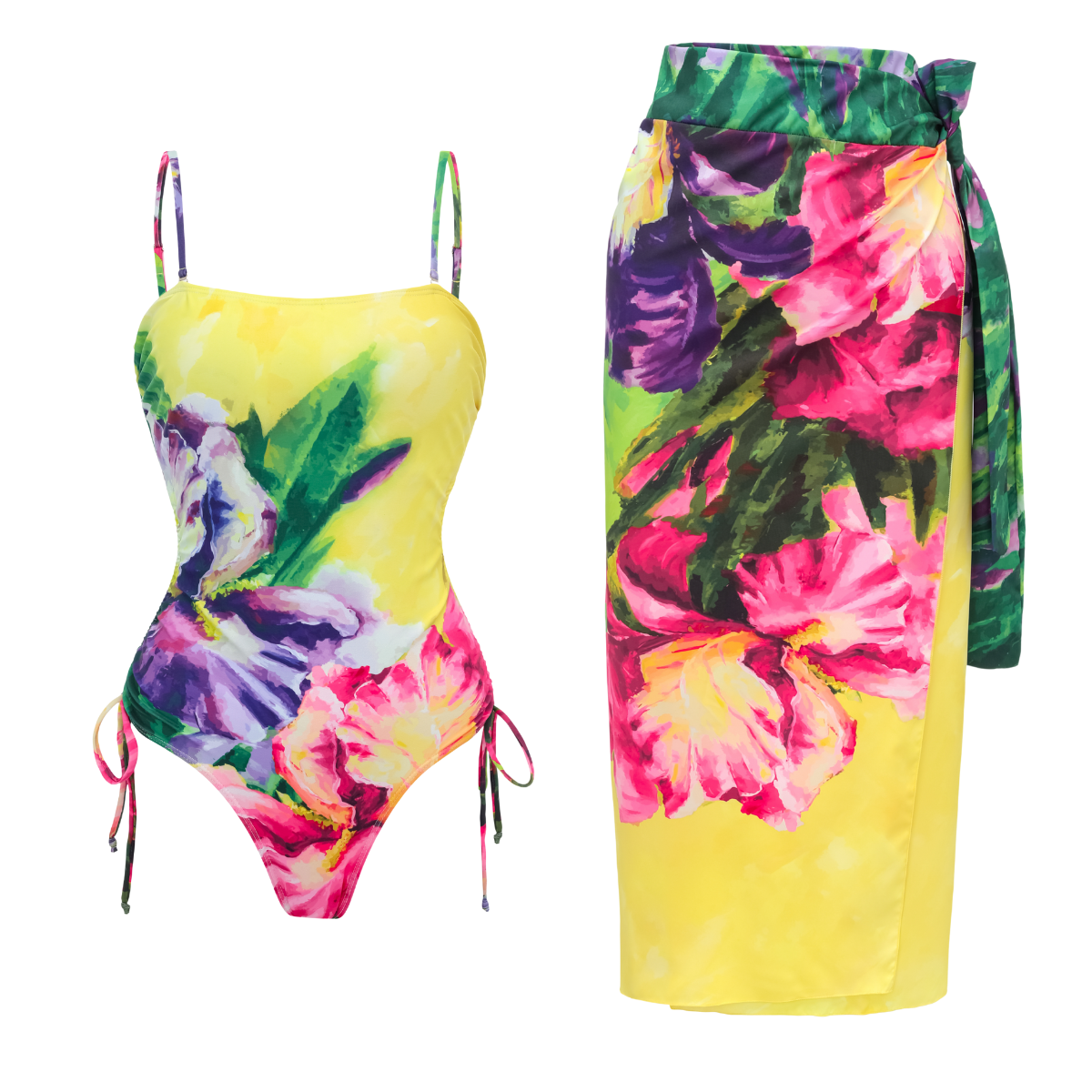Yellow Oil Painting Flower Print Swimsuit and Sarong