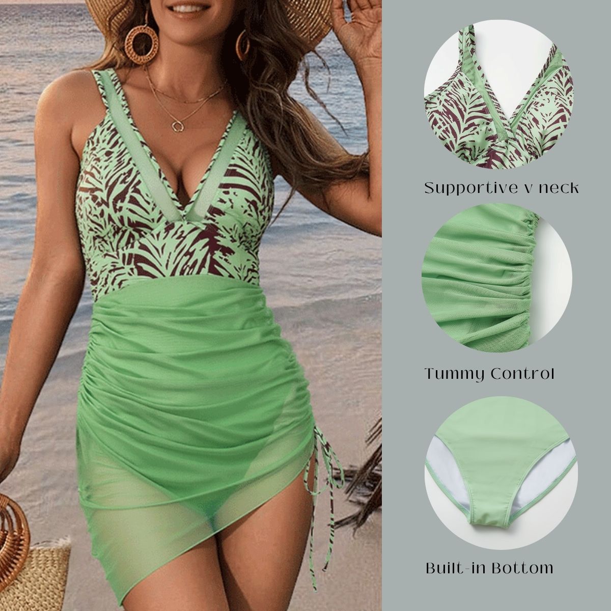 Plus Size V Neck Leaves Print Tummy Control Slimming Mesh Sheer Sarong Wraps Bathing Suit Swim Dress