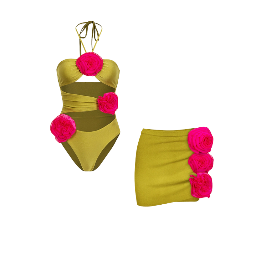 3D Flower Halter Cut Out One Piece Swimsuit and Skirt Flaxmaker