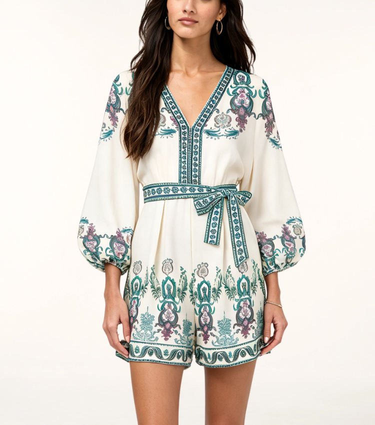 Cream Vintage Paisley Puff Sleeve V-Neck Romper