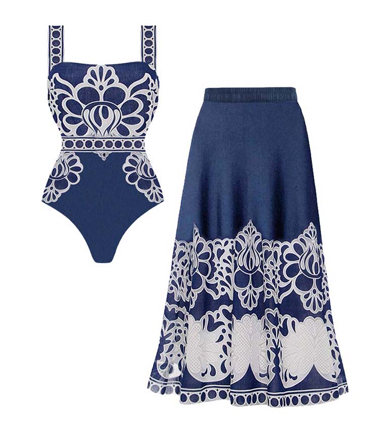 Printed One Piece Swimsuit and Skirt