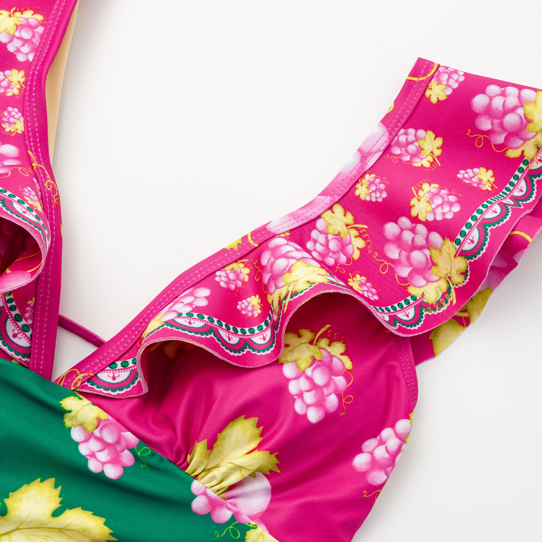 Ruffled Deep V Retro Green Grapes Print One Piece Swimsuit and Skirt