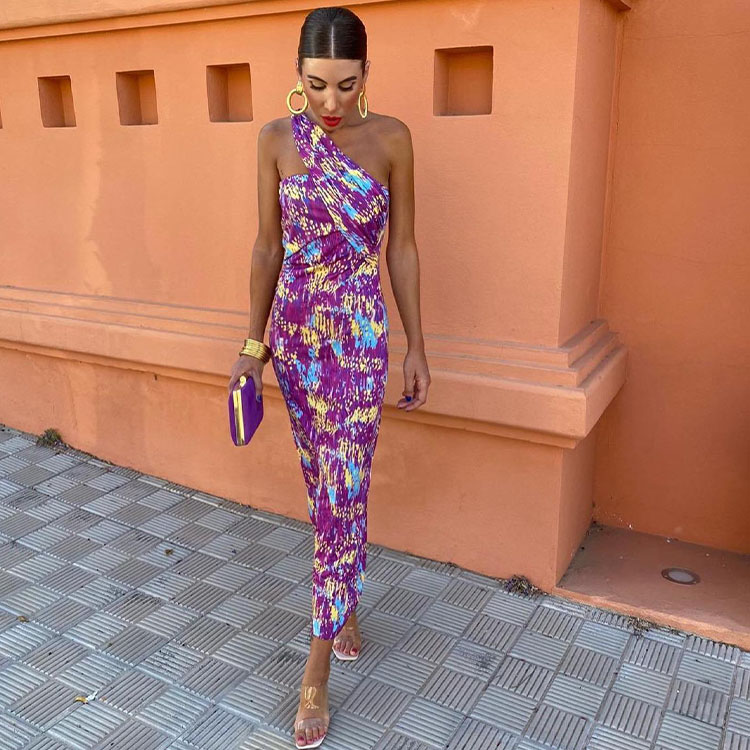 Oblique Shoulder Printed Dress