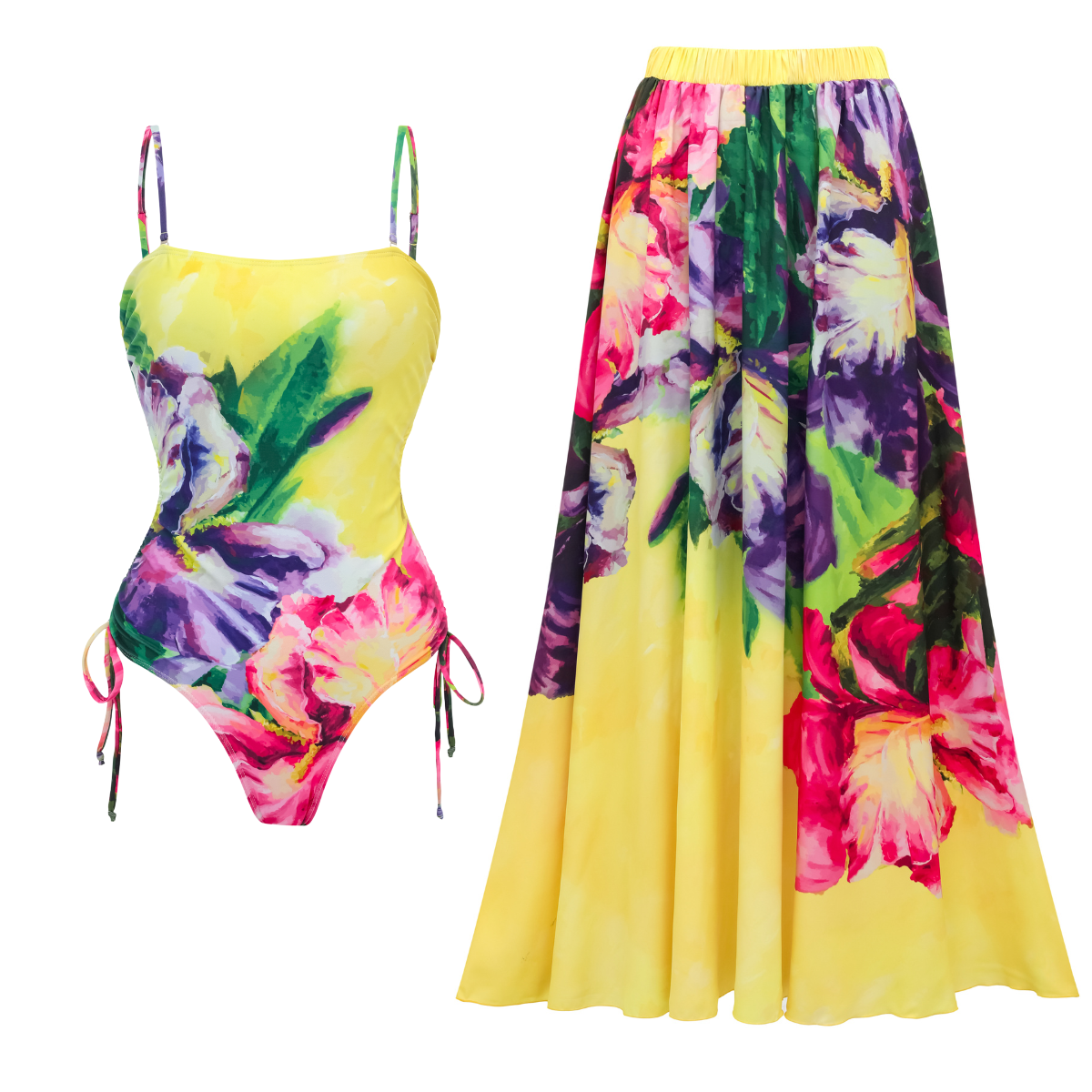 Yellow Oil Painting Flower Print Swimsuit and Sarong