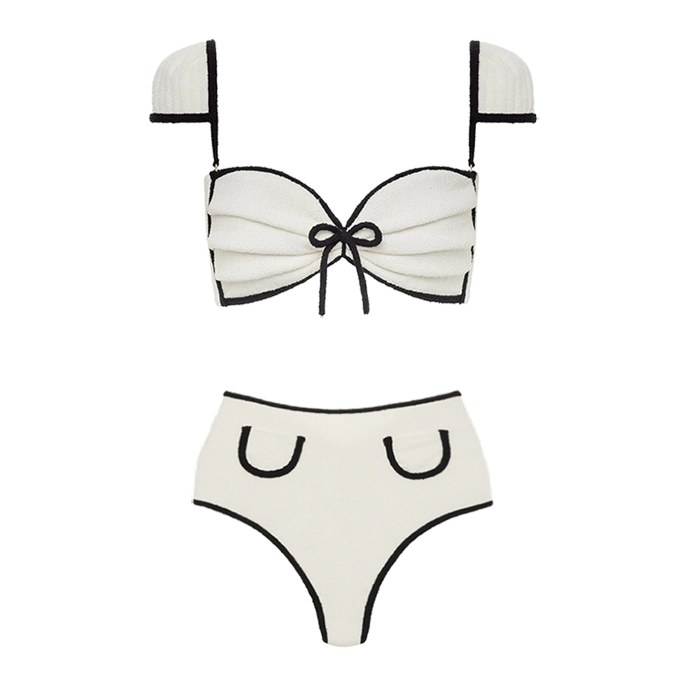Ivory Black Trim High Waist Bikini Swimsuit and Skirt Flaxmaker