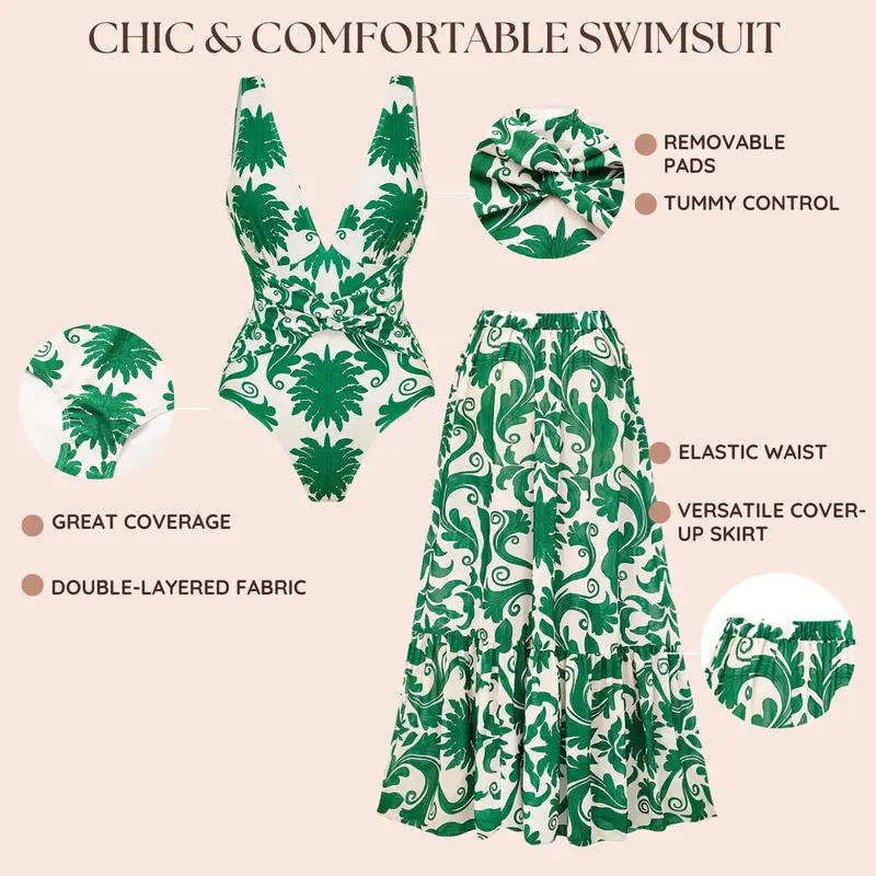 V Neck Green Printed Knotted at Waist Tummy Control One piece Swimsuit and Skirts or Pants