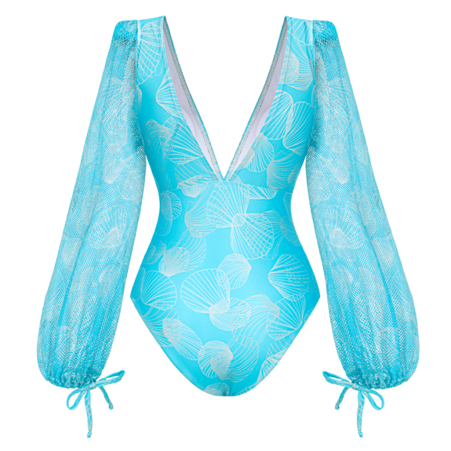 Mesh Splicing Long-sleeved Shell Print One Piece Swimsuit and Skirt