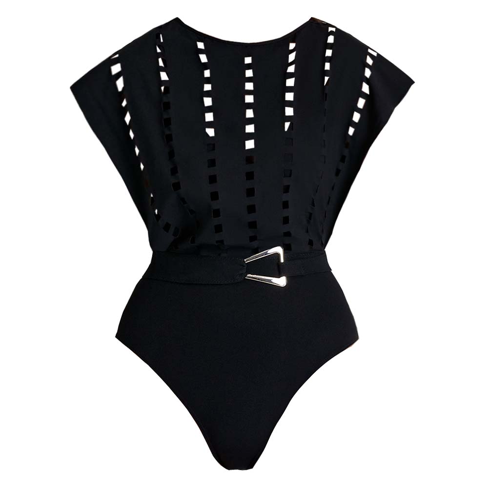 Black Hollow Design One Piece Swimsuit and Skirt
