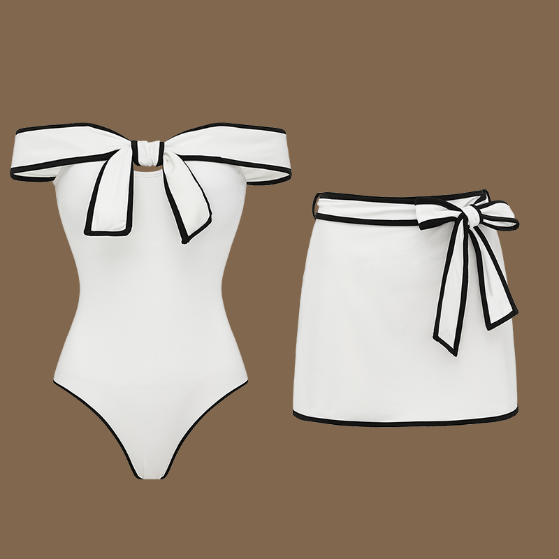 Plus Size Black and White Open Shoulder Bowknot One Piece Swimsuit and Skirt