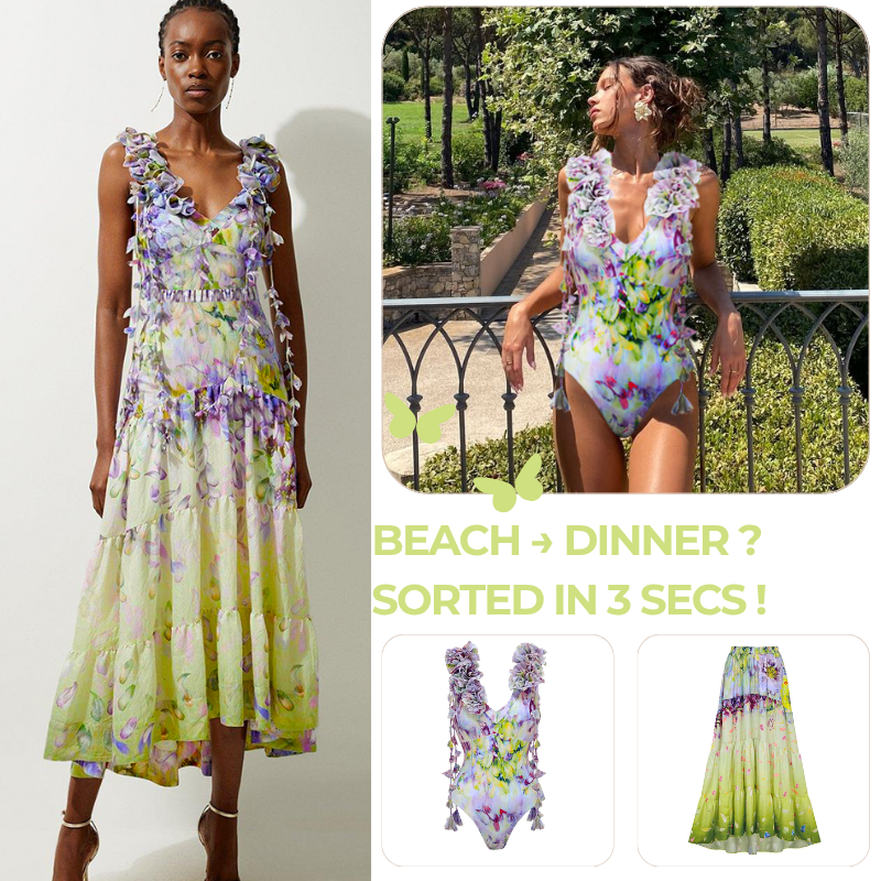 Gradient Flowers Printed One Piece Swimsuit and Skirt