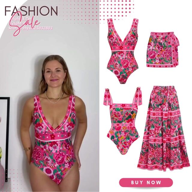 Pink Floral Paradise Print V-neck One Piece Swimsuit and Skirt