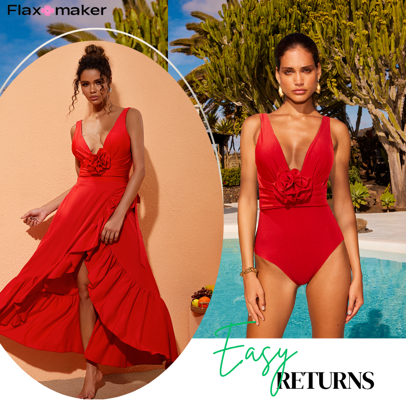 Detachable 3D Flower Red One Piece Swimsuit and Skirt Flaxmaker