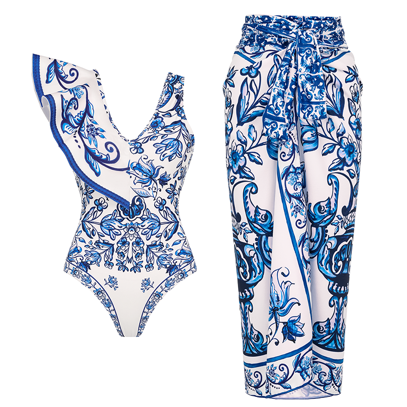 Ruffle V Neck Blue and White Porcelain Majolica Pattern Print One Piece Swimsuit and Skirt or Sarong
