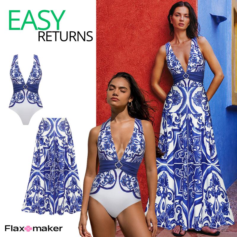 V Neck Classic Majolica Series Pattern Print One Piece Swimsuit and Pants or Shorts