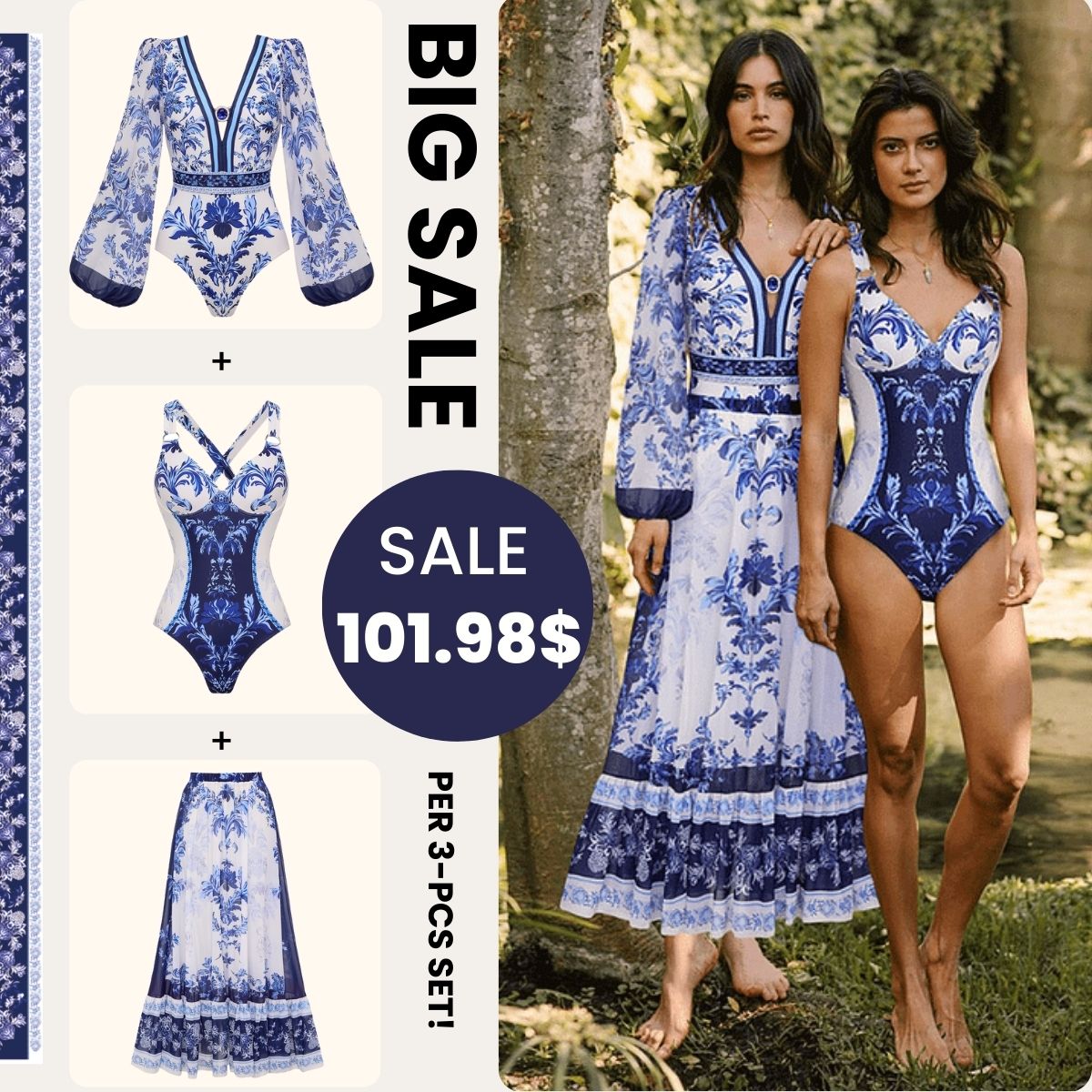 Long Sleeve Flower Color Block Print One Piece Swimsuit and Skirt/Pants