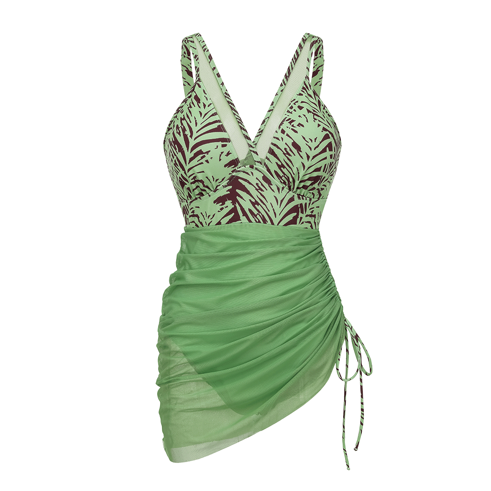 Plus Size V Neck Leaves Print Tummy Control Slimming Mesh Sheer Sarong Wraps Bathing Suit Swim Dress
