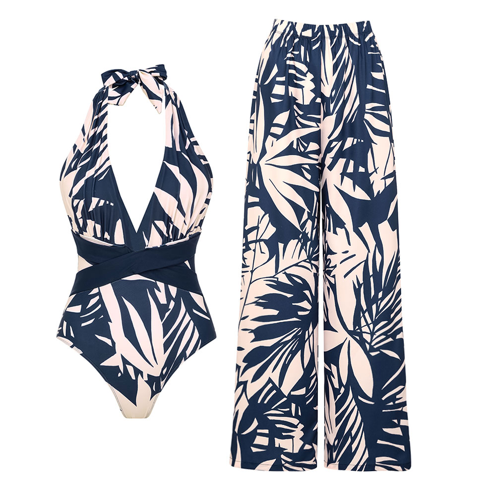 V Neck Leaves Print One Piece Swimsuit and Pants/Skirt