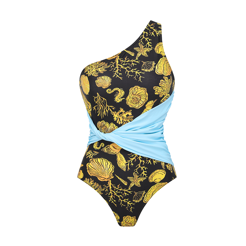 One Shoulder Ocean Print Waist Knot Swimsuit Set(s)