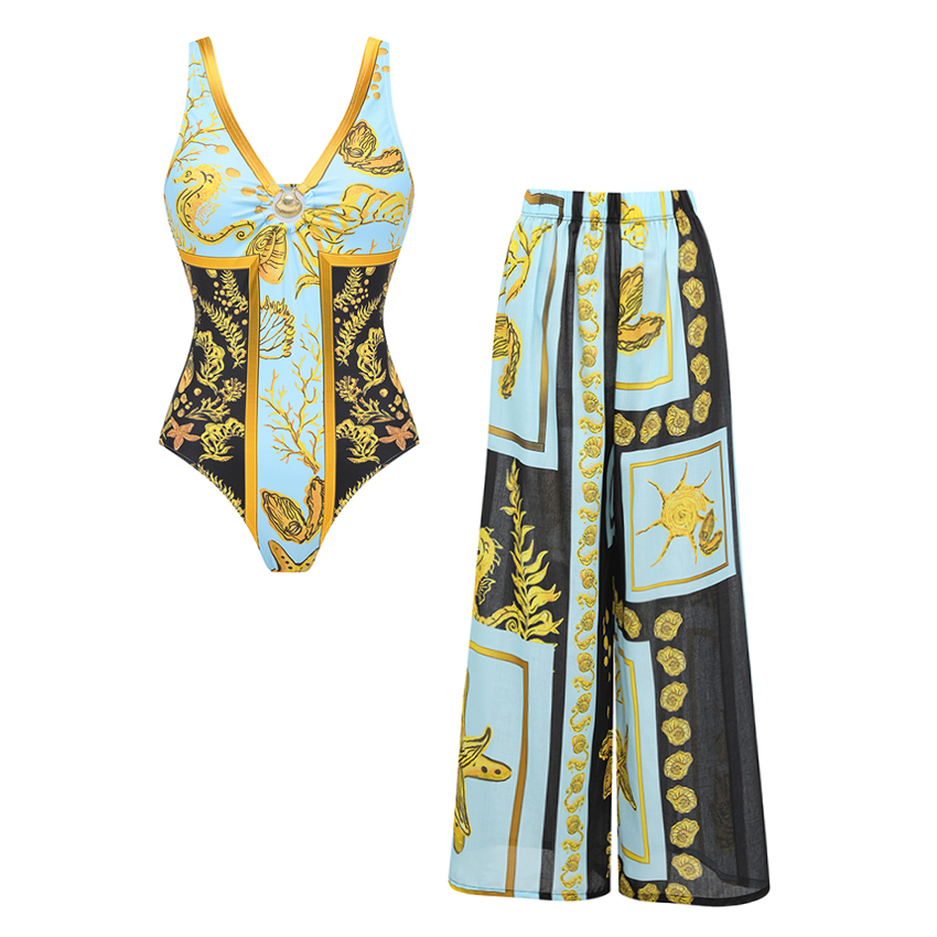 V-Neck Shell Embellishments Printed Swimsuit Set(s)