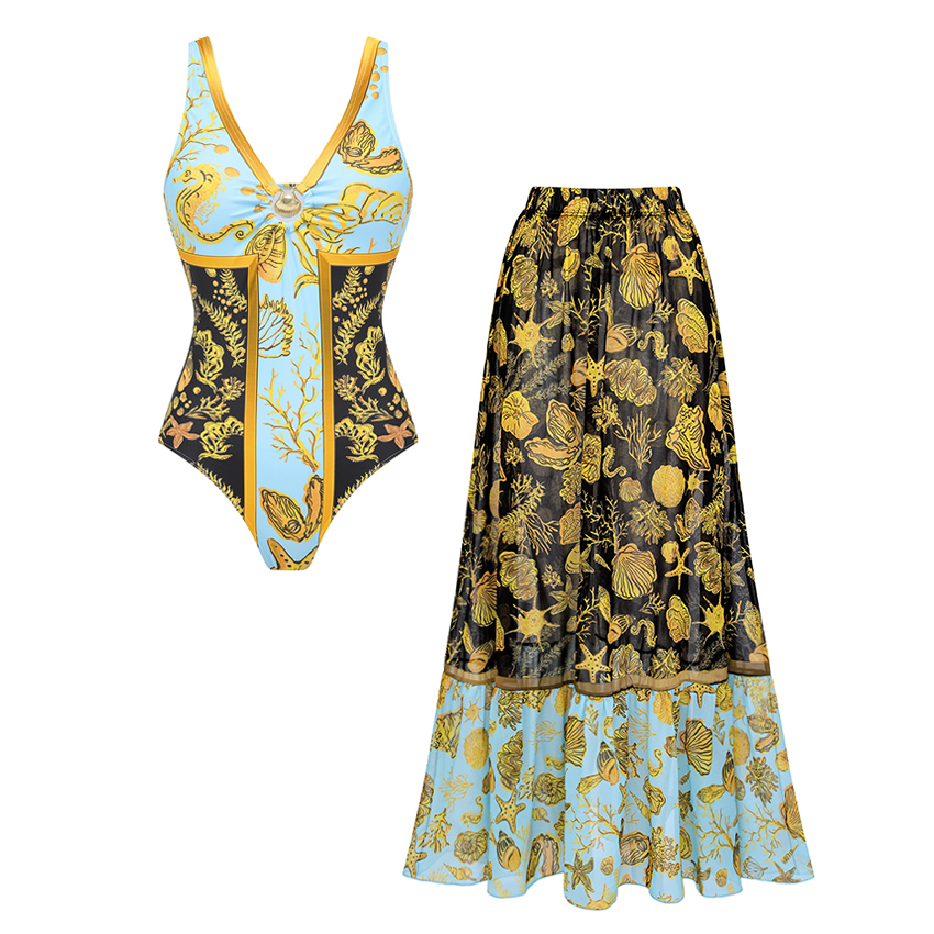 V-Neck Shell Embellishments Printed Swimsuit Set(s)