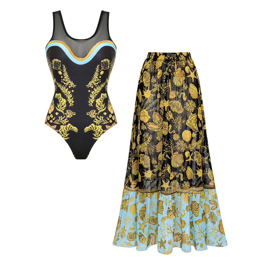 Round Neck Mesh Splicing Printed Swimsuit Set(s)
