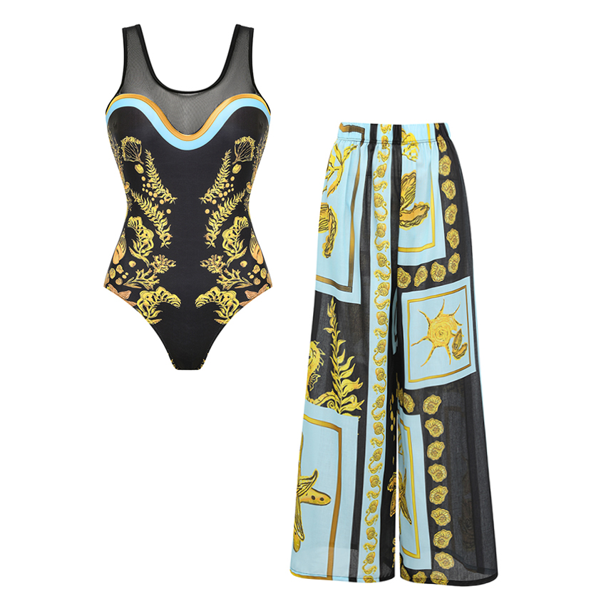 Round Neck Mesh Splicing Printed Swimsuit Set(s)