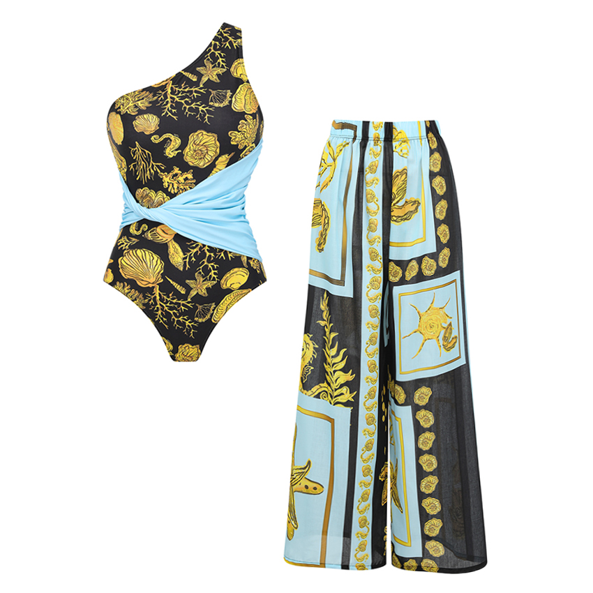 One Shoulder Ocean Print Waist Knot Swimsuit Set(s)