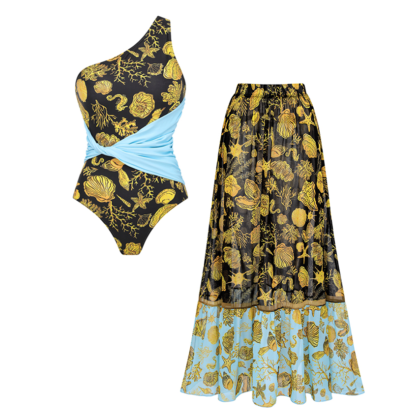 One Shoulder Ocean Print Waist Knot Swimsuit Set(s)