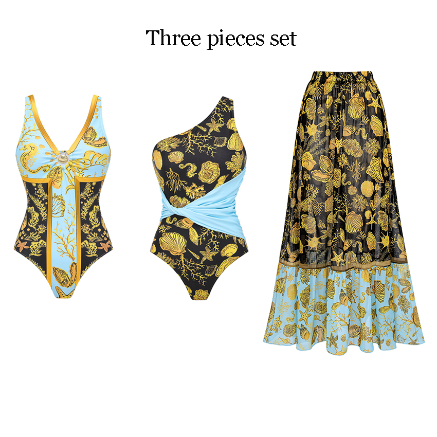 V-Neck Shell Embellishments Printed Swimsuit Set(s)