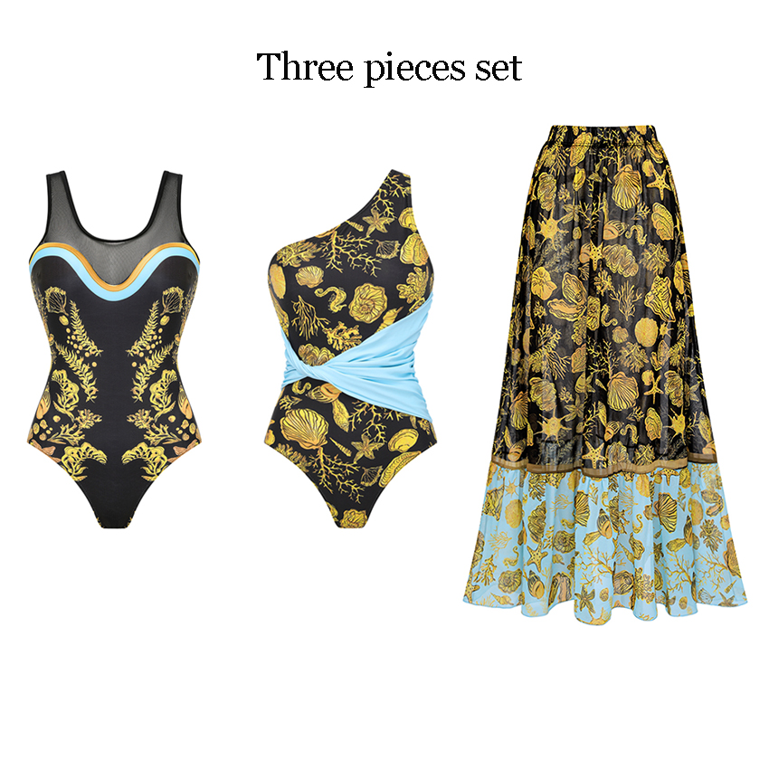 Round Neck Mesh Splicing Printed Swimsuit Set(s)