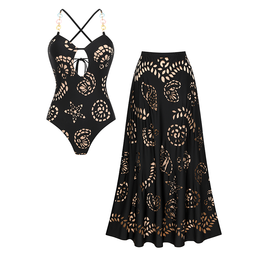 Sling Laser-cut Seashells Black Swimsuit Set(s)