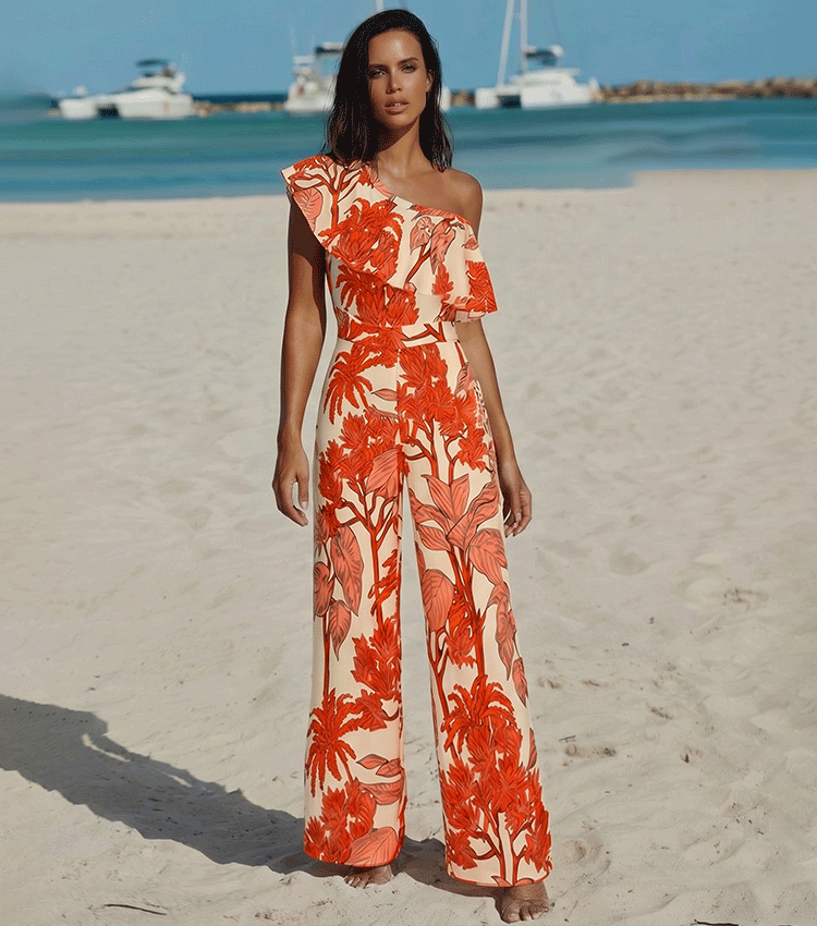 One Shoulder Ruffle Plant Print Swimsuit Set(s)