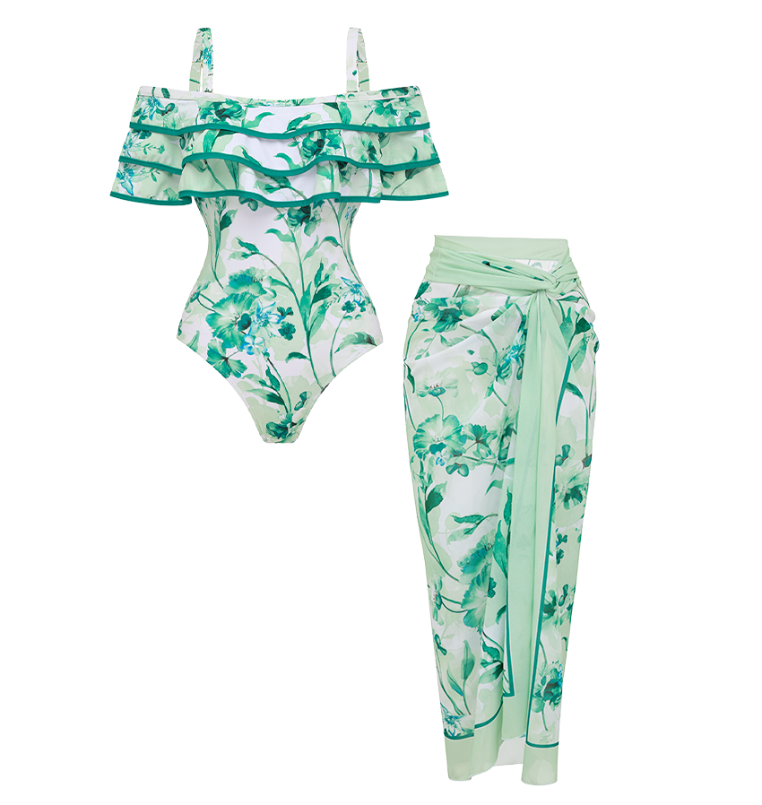 Green Loral Rint Tiered Ruffle Off-The-Shoulder Swimsuit Set(s)